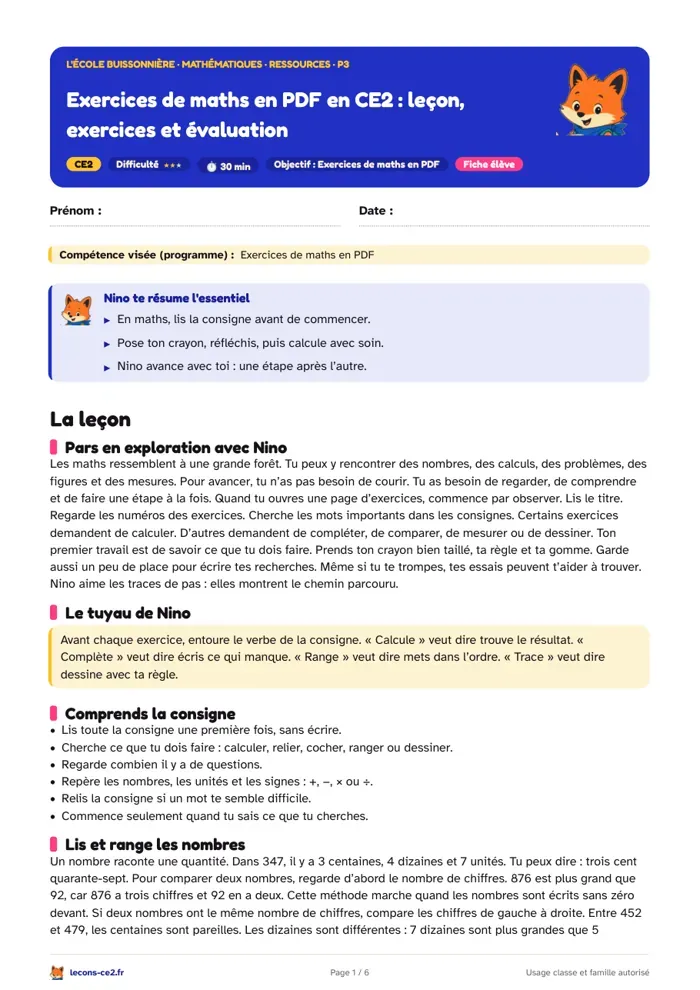Aperçu de la fiche « Comprendre une consigne de maths et vérifier un calcul en CE2 » en PDF