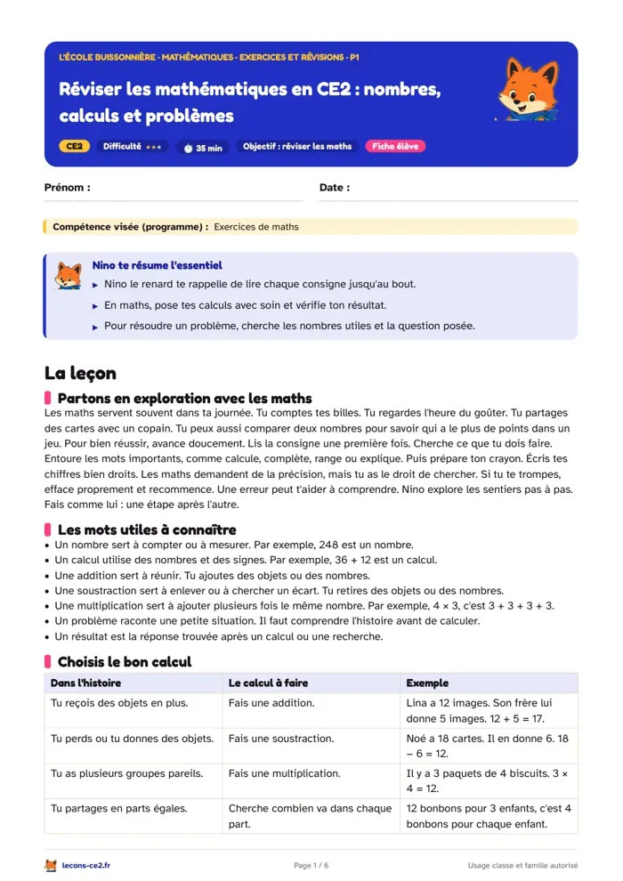 Aperçu de la fiche « Révisions de maths en CE2 : lire les nombres, calculer et résoudre un problème » en PDF