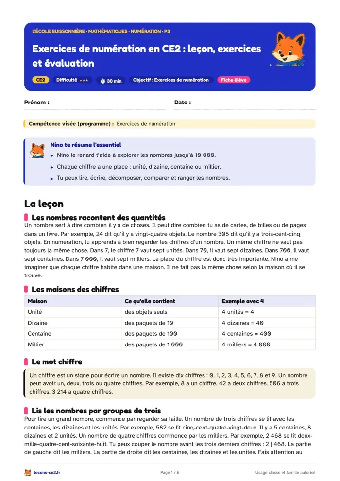 Aperçu de la fiche « Exercices de numération en CE2 : leçon, exercices et évaluation » en PDF