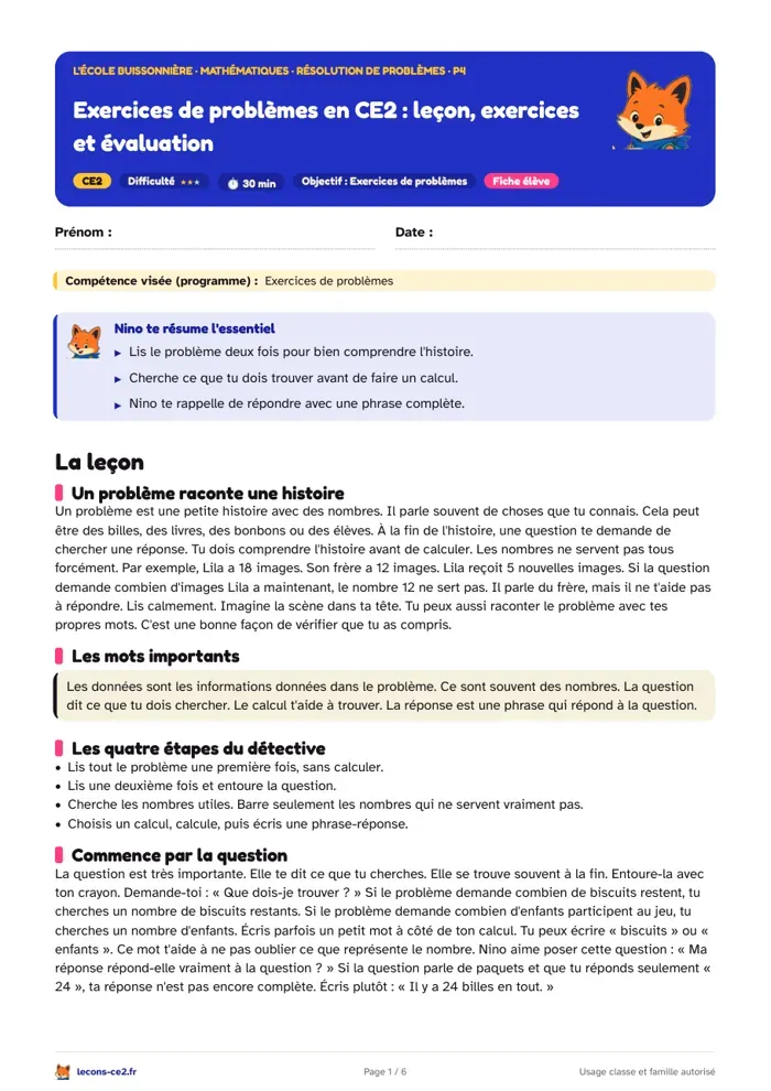 Aperçu de la fiche « Exercices de problèmes en CE2 : leçon, exercices et évaluation » en PDF