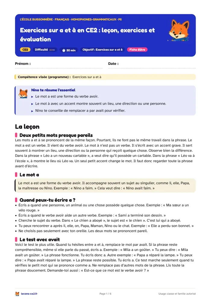 Aperçu de la fiche « Exercices sur a et à en CE2 : leçon, exercices et évaluation » en PDF