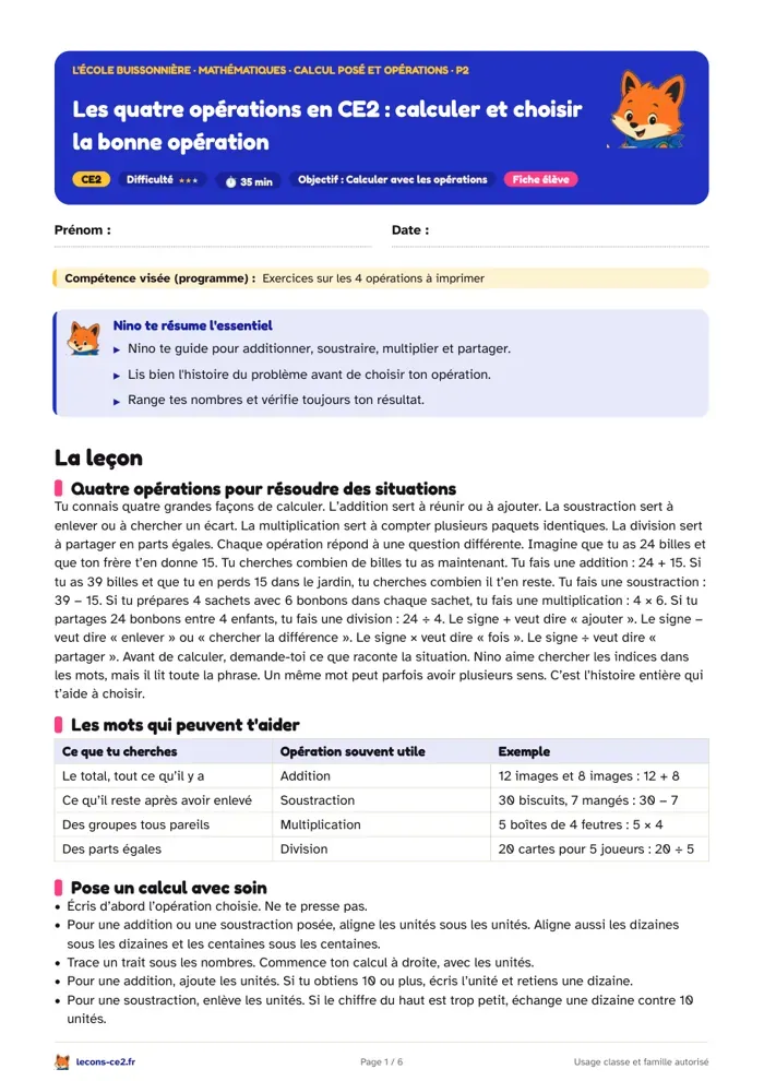 Aperçu de la fiche « Les quatre opérations en CE2 : calculer et choisir la bonne opération » en PDF