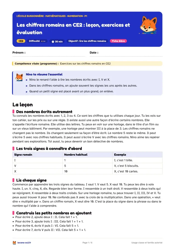 Aperçu de la fiche « Exercices sur les chiffres romains en CE2 : écris 14 en XIV, puis lis XVII » en PDF