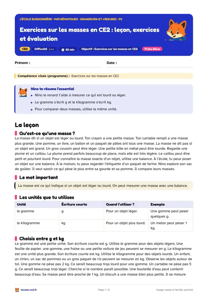 Aperçu de la fiche « Exercices sur les masses en CE2 : leçon, exercices et évaluation » en PDF