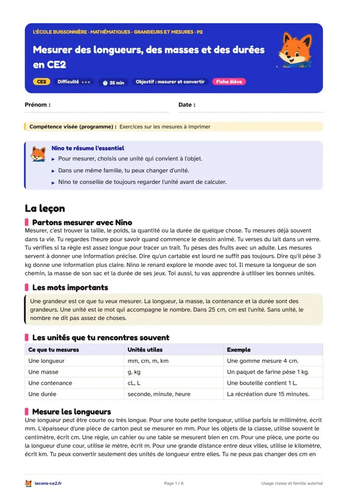 Aperçu de la fiche « Mesurer des longueurs, des masses et des durées en CE2 » en PDF