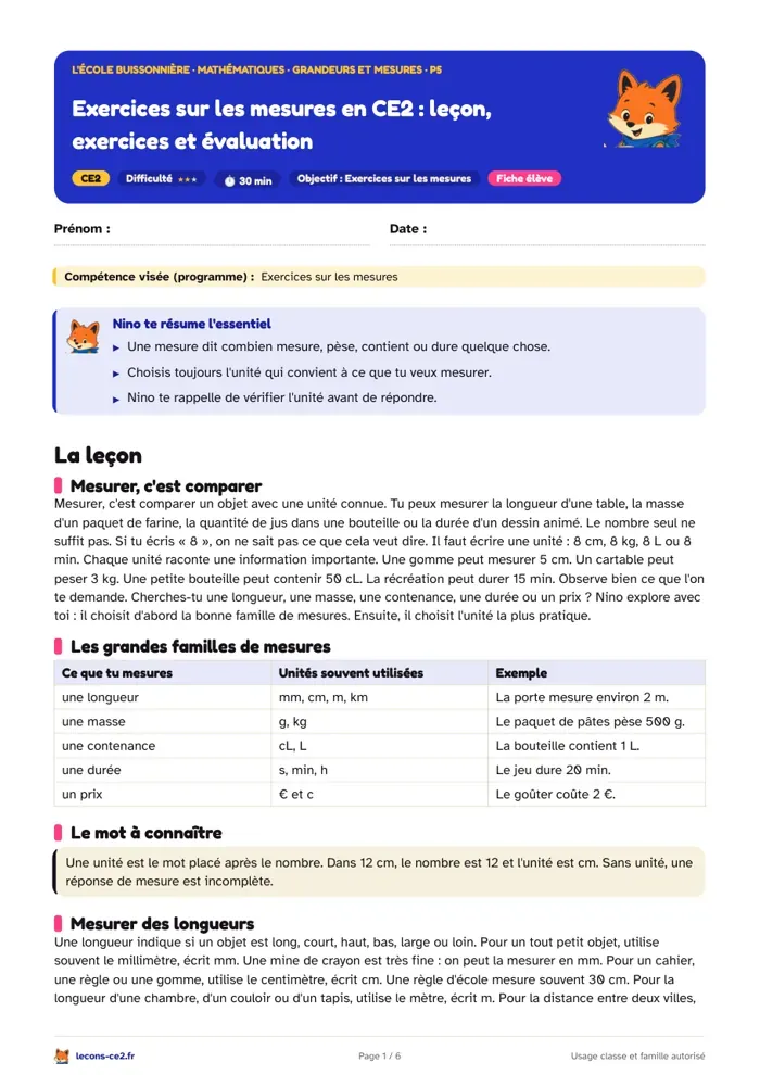 Aperçu de la fiche « Exercices sur les mesures en CE2 : leçon, exercices et évaluation » en PDF