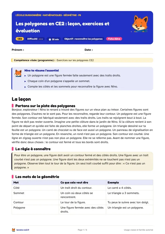Aperçu de la fiche « Les polygones en CE2 : compter côtés et sommets, puis tracer la figure » en PDF