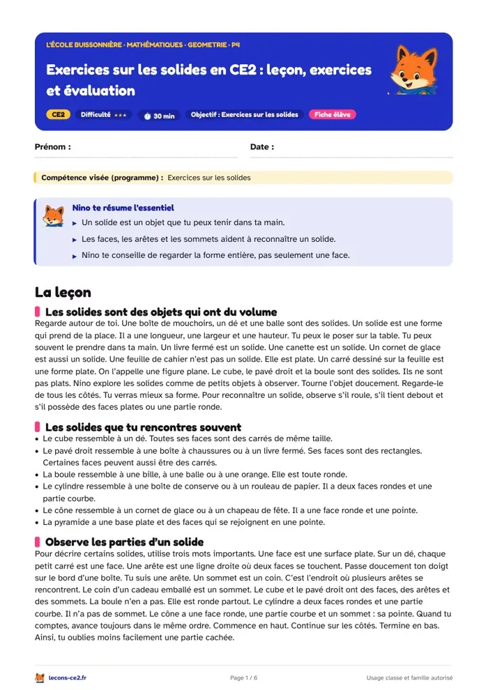 Aperçu de la fiche « Exercices sur les solides en CE2 : leçon, exercices et évaluation » en PDF