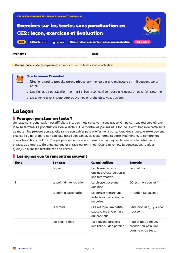 Aperçu de la fiche « Exercices sur les textes sans ponctuation en CE2 : leçon, exercices et évaluation » en PDF