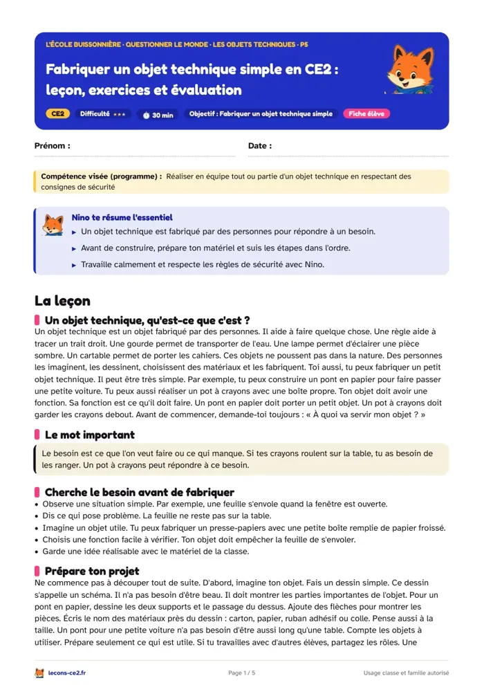 Aperçu de la fiche « Fabriquer un objet technique simple en CE2 : leçon, exercices et évaluation » en PDF