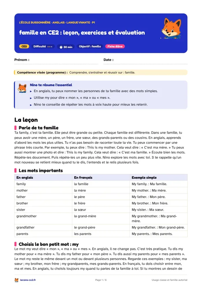 Aperçu de la fiche « La famille en anglais en CE2 : leçon, exercices et évaluation » en PDF