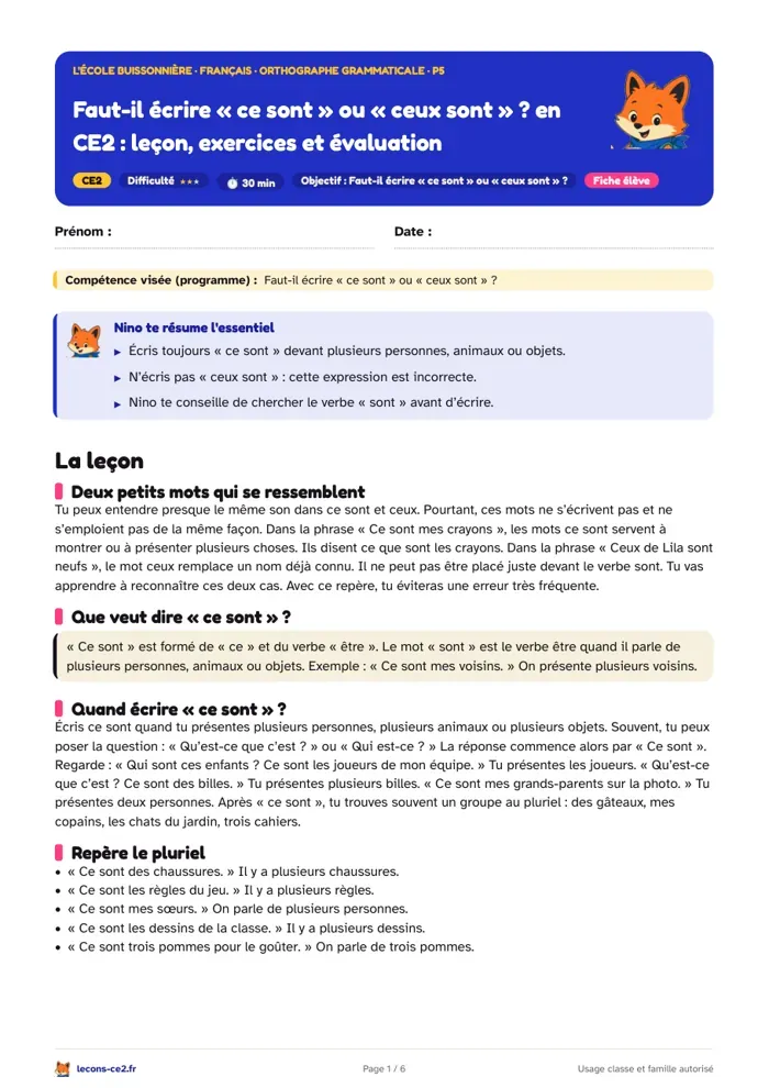 Aperçu de la fiche « Faut-il écrire « ce sont » ou « ceux sont » ? en CE2 : leçon, exercices et évaluation » en PDF
