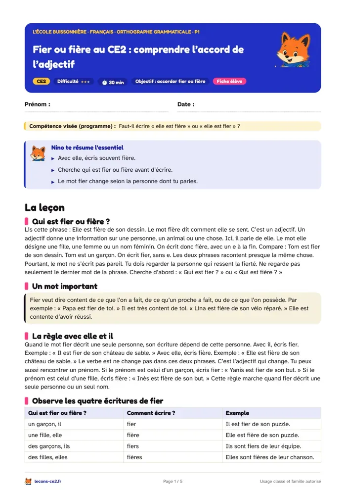 Aperçu de la fiche « Fier ou fière au CE2 : comprendre l’accord de l’adjectif » en PDF