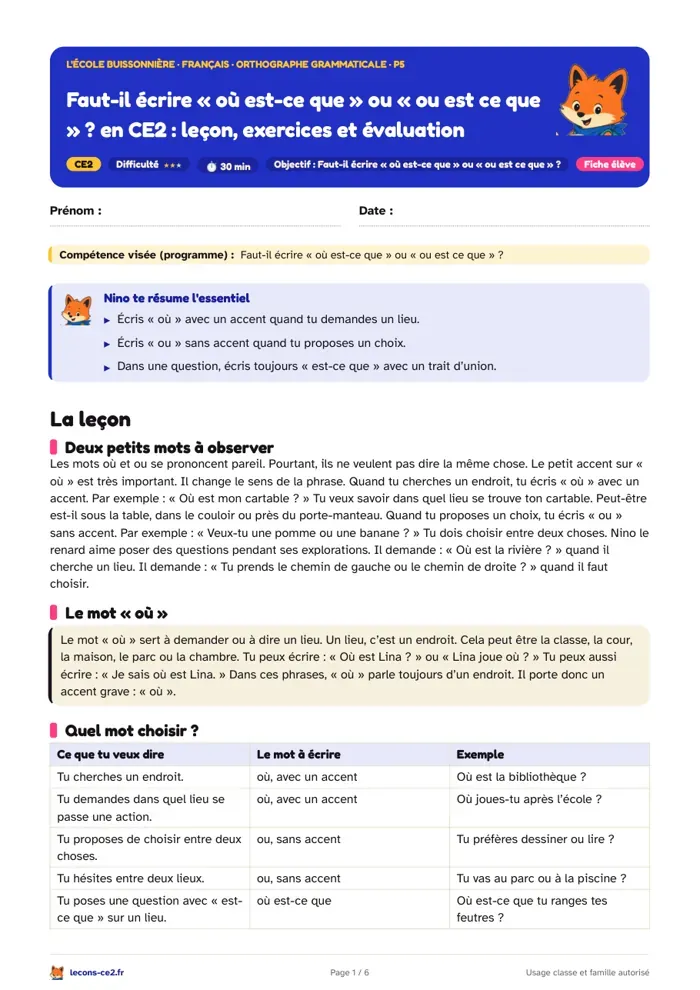 Aperçu de la fiche « Faut-il écrire « où est-ce que » ou « ou est ce que » ? en CE2 : leçon, exercices et évaluation » en PDF