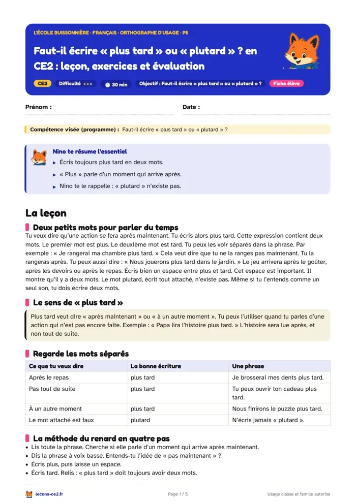 Aperçu de la fiche « Faut-il écrire « plus tard » ou « plutard » ? en CE2 : leçon, exercices et évaluation » en PDF