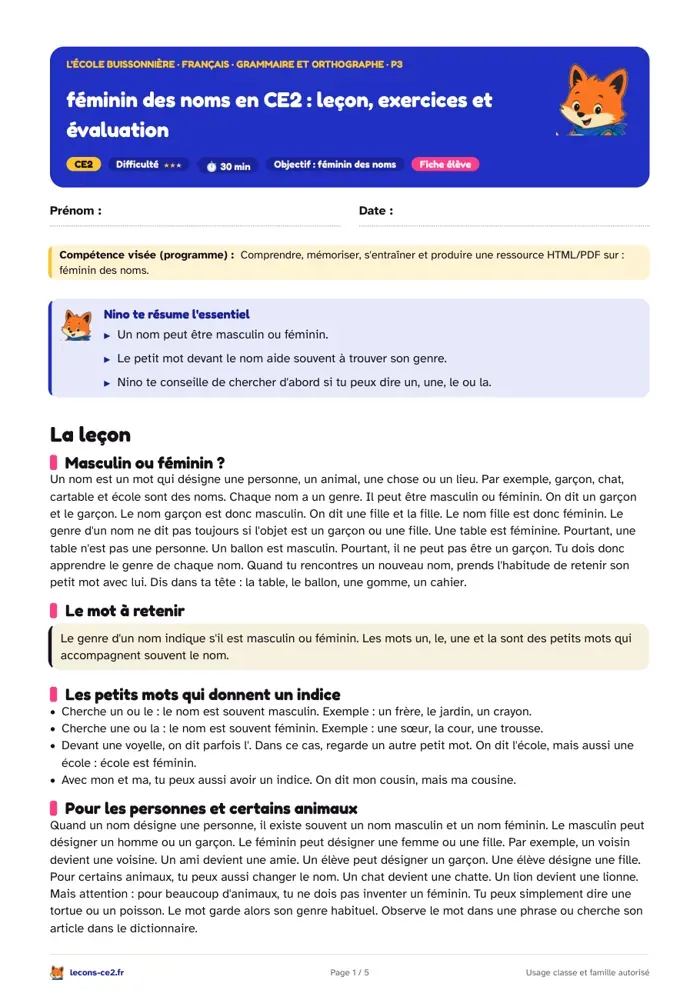 Aperçu de la fiche « Féminin des noms en CE2 : leçon, exercices et évaluation » en PDF