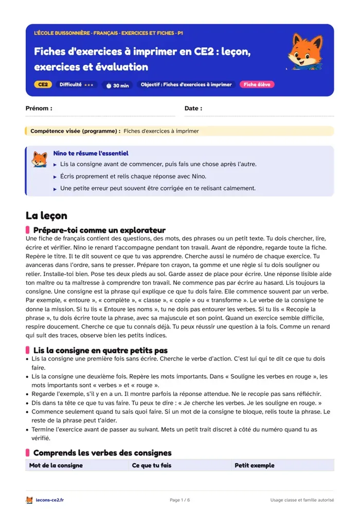 Aperçu de la fiche « Fiches d'exercices à imprimer en CE2 : leçon, exercices et évaluation » en PDF