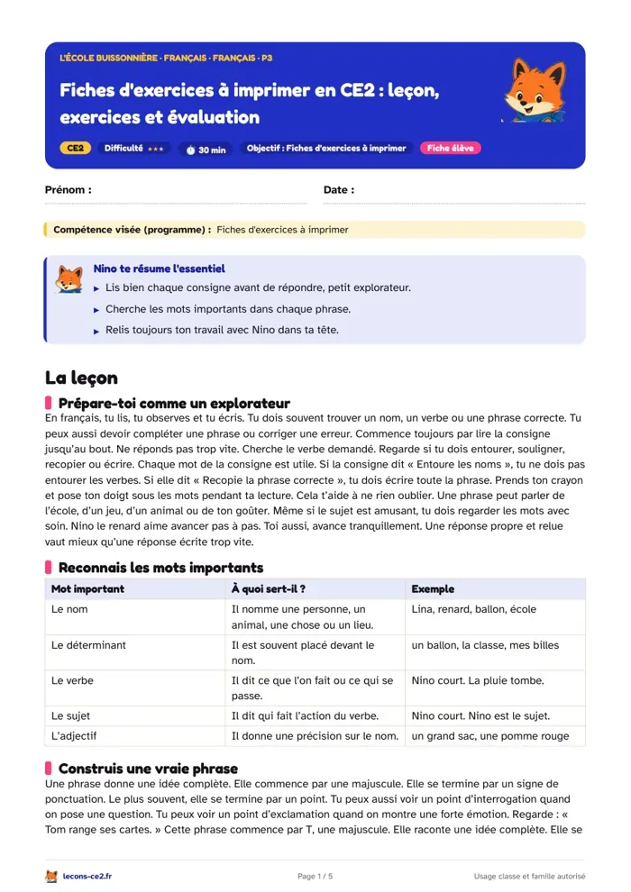 Aperçu de la fiche « Construire une phrase correcte en CE2 avec des fiches d'exercices à imprimer » en PDF