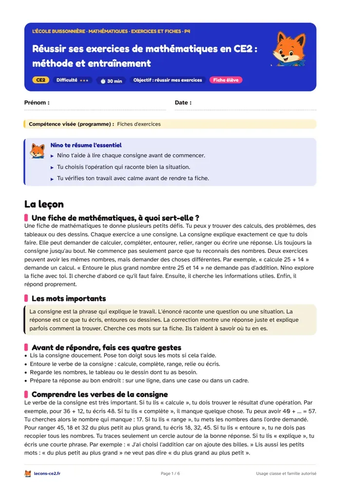 Aperçu de la fiche « Réussir ses exercices de mathématiques en CE2 : méthode et entraînement » en PDF