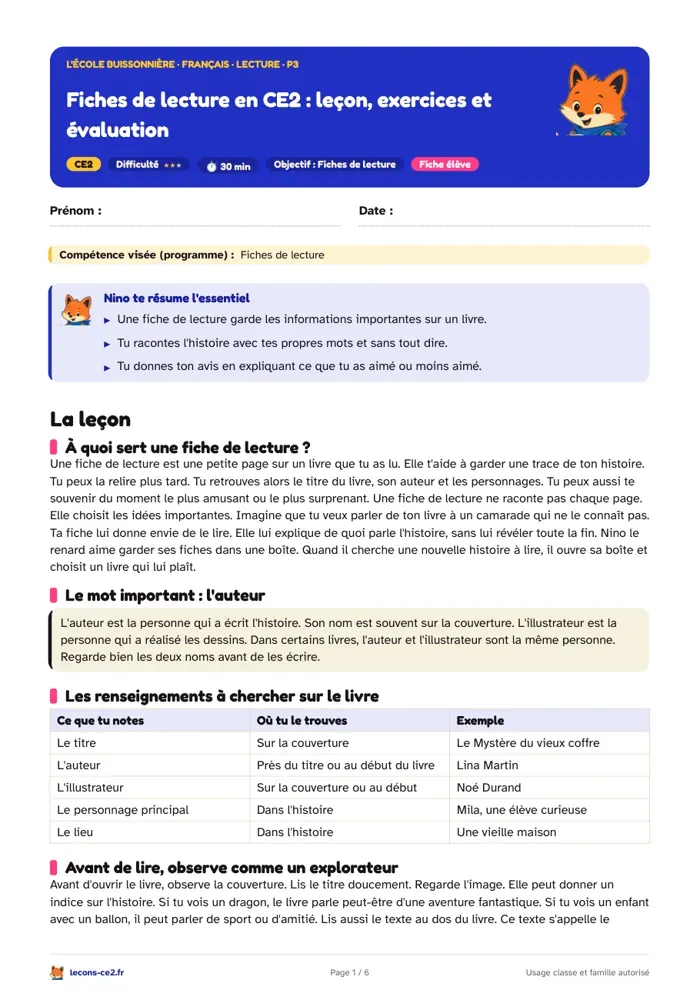 Aperçu de la fiche « Fiches de lecture en CE2 : leçon, exercices et évaluation » en PDF