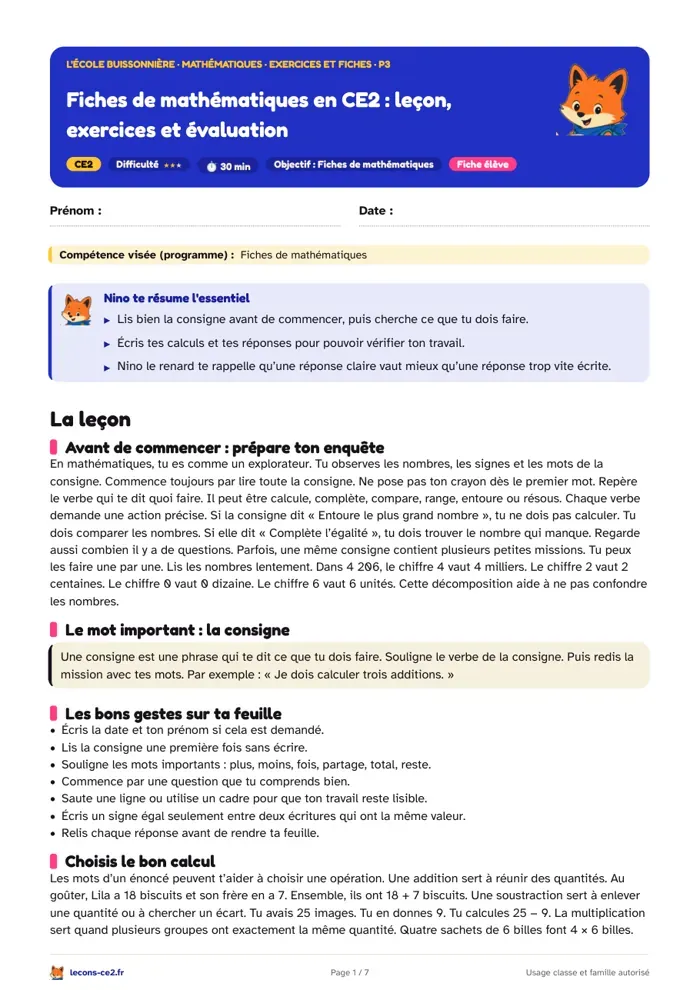 Aperçu de la fiche « Fiches de mathématiques en CE2 : leçon, exercices et évaluation » en PDF