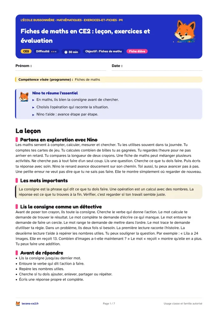 Aperçu de la fiche « Fiches de maths en CE2 : leçon, exercices et évaluation » en PDF