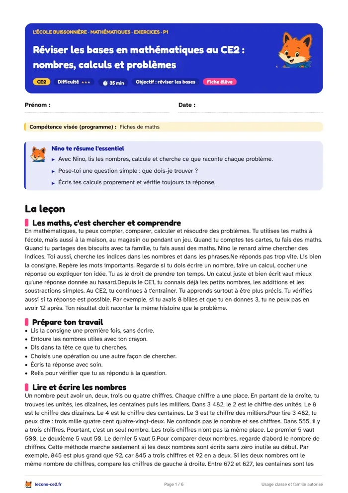 Aperçu de la fiche « Réviser les bases en mathématiques au CE2 : nombres, calculs et problèmes » en PDF