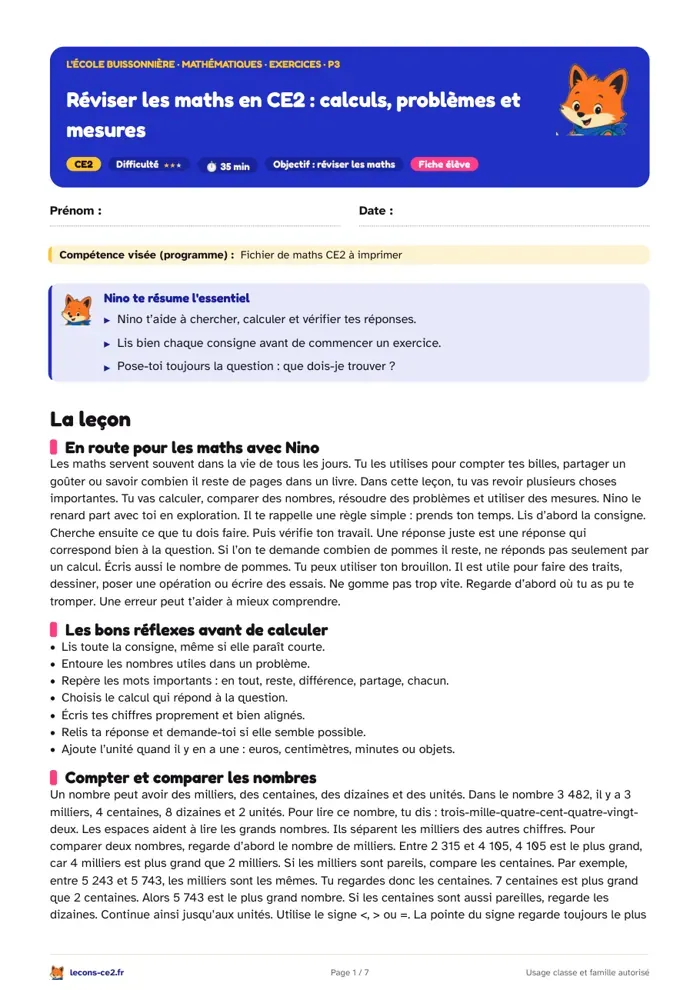 Aperçu de la fiche « Réviser les maths en CE2 : calculs, problèmes et mesures » en PDF