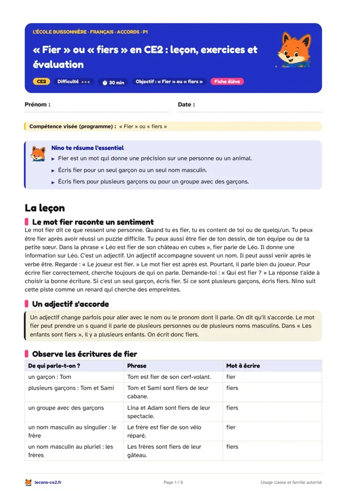 Aperçu de la fiche « « Fier » ou « fiers » en CE2 : leçon, exercices et évaluation » en PDF