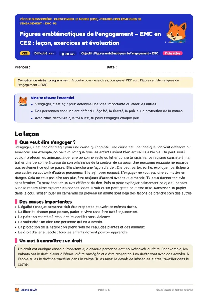 Aperçu de la fiche « Les figures emblématiques de l’engagement en CE2, de Rosa Parks à tes propres actions » en PDF