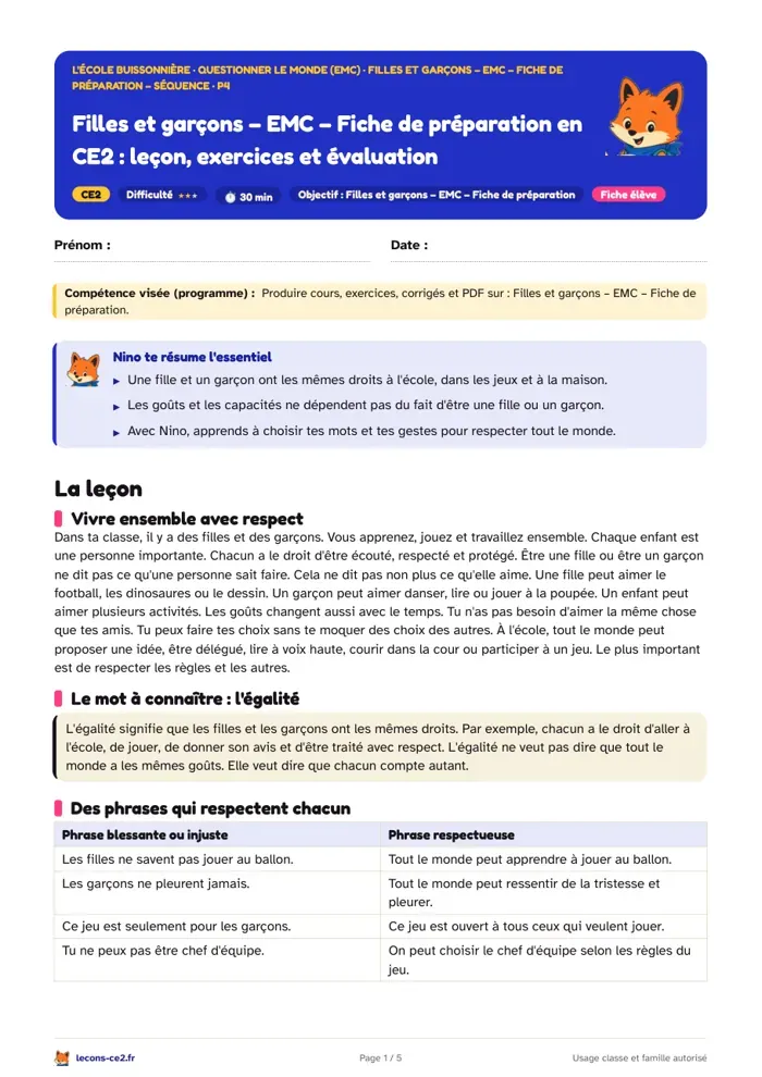 Aperçu de la fiche « Filles et garçons en CE2 : repérer les idées toutes faites et agir avec respect » en PDF