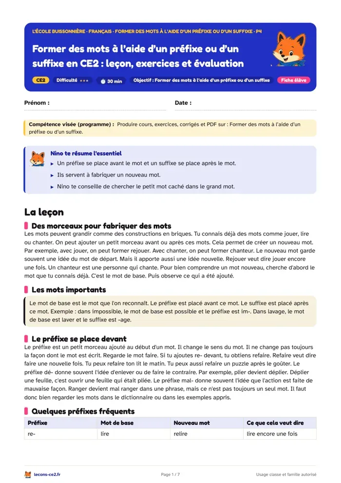 Aperçu de la fiche « Former des mots à l’aide d’un préfixe ou d’un suffixe en CE2 : leçon, exercices et évaluation » en PDF