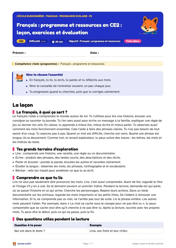 Aperçu de la fiche « Programme et ressources de français en CE2 : leçon, exercices et évaluation » en PDF