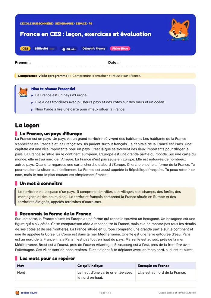 Aperçu de la fiche « France en CE2 : leçon, exercices et évaluation » en PDF