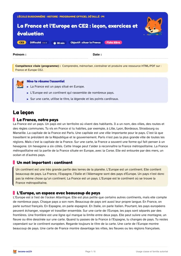 Aperçu de la fiche « La France et l’Europe en CE2 : leçon, exercices et évaluation » en PDF