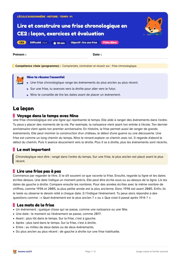 Aperçu de la fiche « Lire et construire une frise chronologique en CE2 : leçon, exercices et évaluation » en PDF