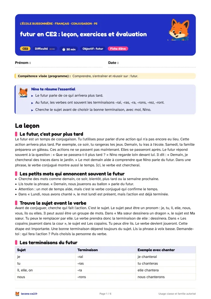 Aperçu de la fiche « futur en CE2 : leçon, exercices et évaluation » en PDF