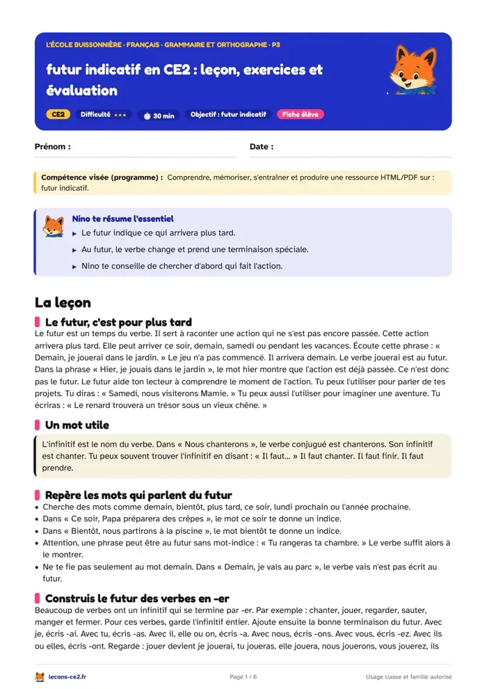 Aperçu de la fiche « Futur indicatif en CE2 : leçon, exercices et évaluation » en PDF