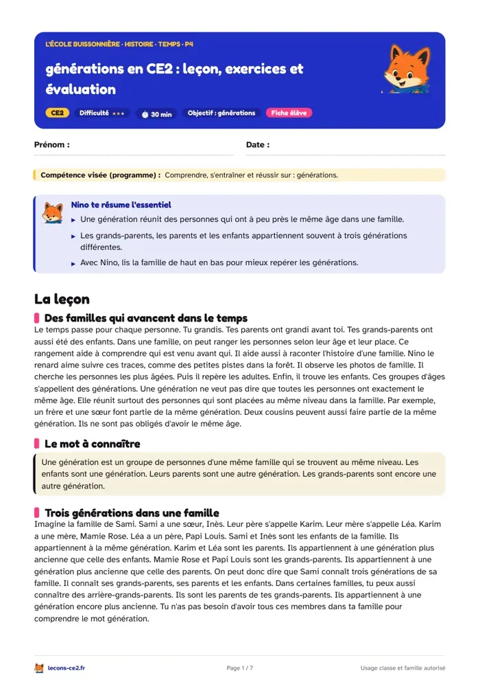 Aperçu de la fiche « Générations en CE2 : leçon, exercices et évaluation » en PDF
