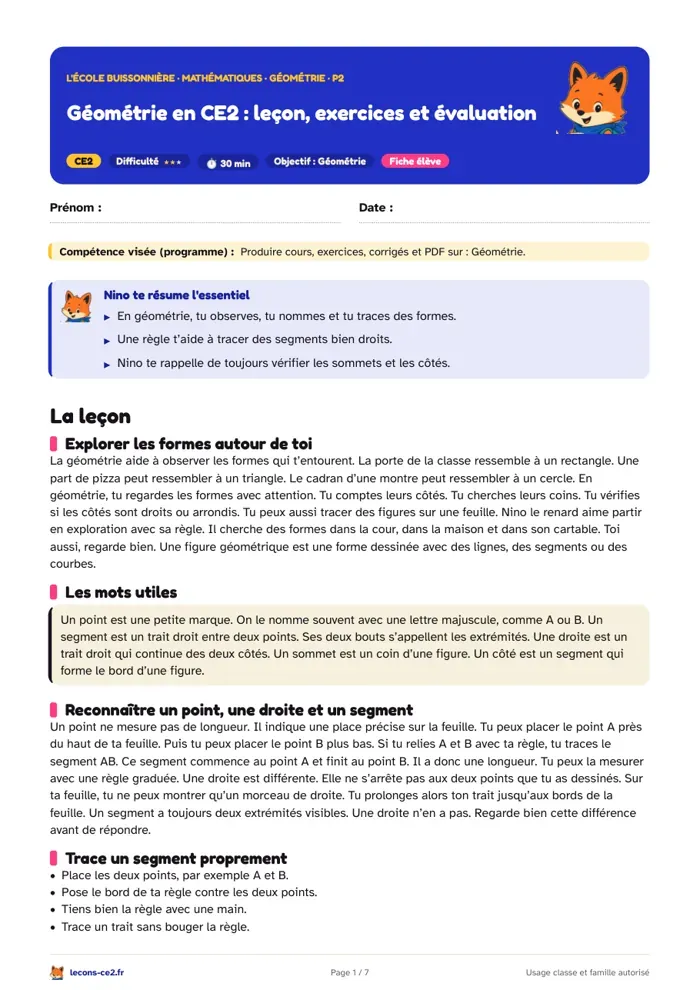 Aperçu de la fiche « Géométrie en CE2 : leçon, exercices et évaluation » en PDF