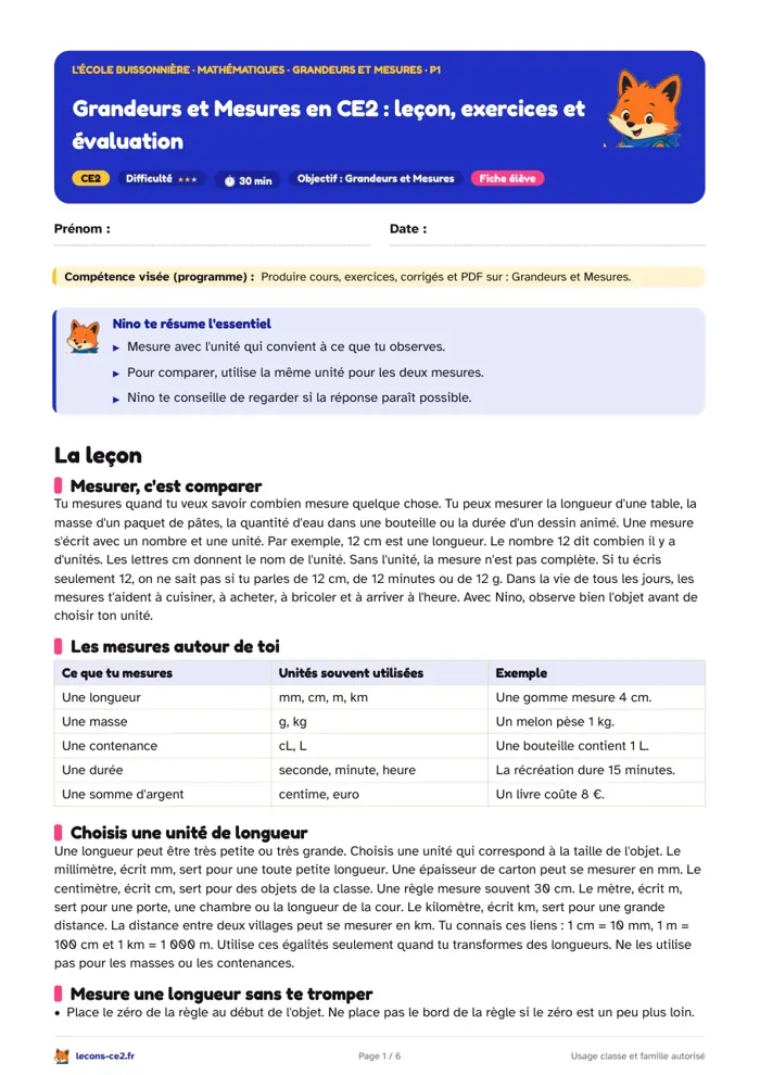 Aperçu de la fiche « Grandeurs et Mesures en CE2 : leçon, exercices et évaluation » en PDF