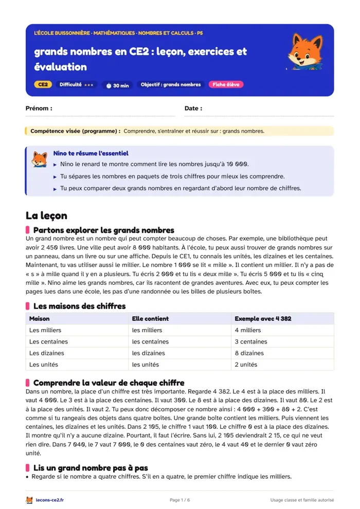 Aperçu de la fiche « Grands nombres en CE2 : leçon, exercices et évaluation » en PDF