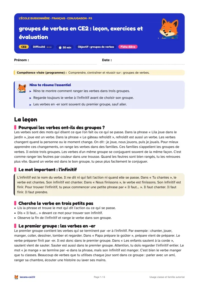 Aperçu de la fiche « Groupes de verbes en CE2 : leçon, exercices et évaluation » en PDF