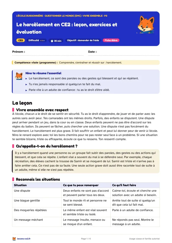 Aperçu de la fiche « Le harcèlement en CE2 : leçon, exercices et évaluation » en PDF