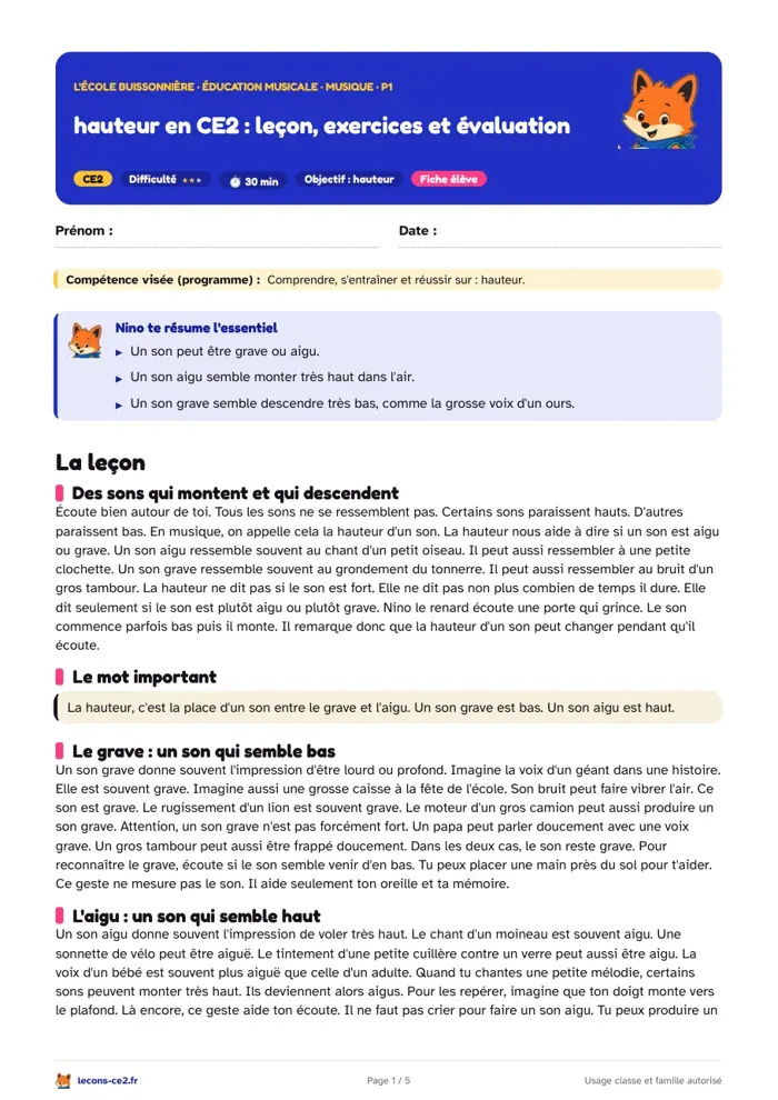 Aperçu de la fiche « Hauteur en CE2 : leçon, exercices et évaluation » en PDF