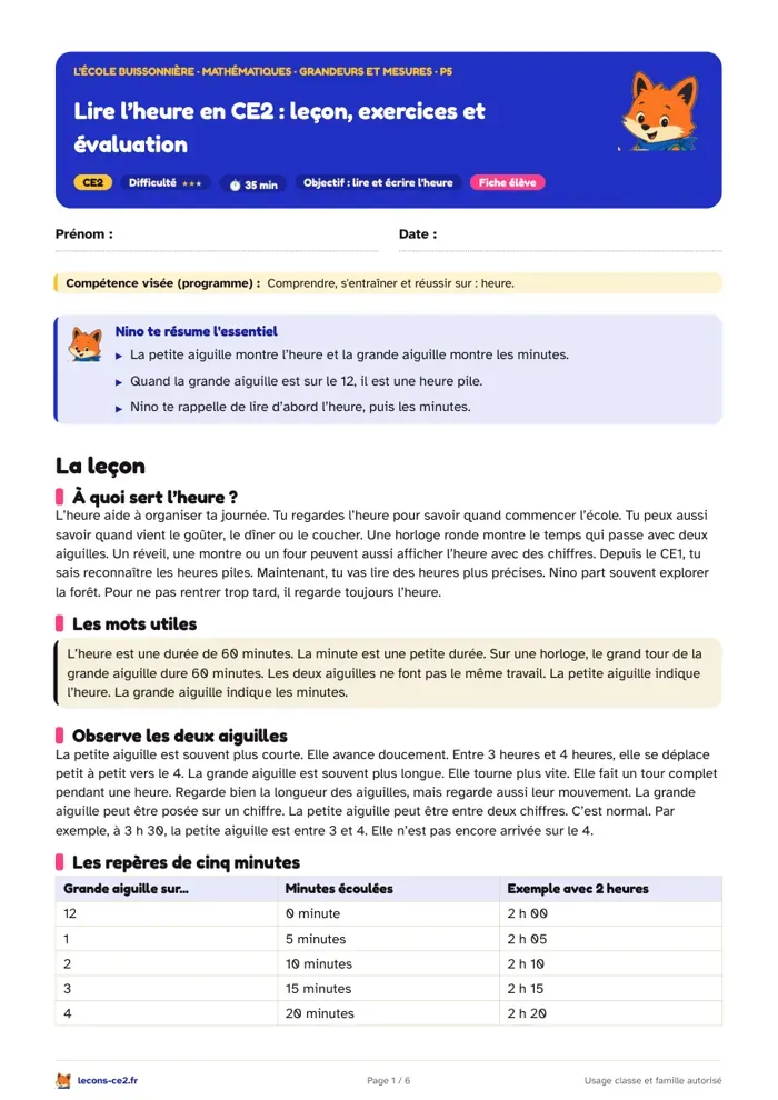 Aperçu de la fiche « Lire l’heure en CE2 : leçon, exercices et évaluation » en PDF