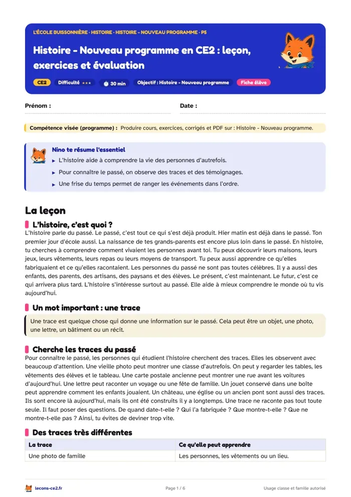 Aperçu de la fiche « Histoire - Nouveau programme en CE2 : leçon, exercices et évaluation » en PDF