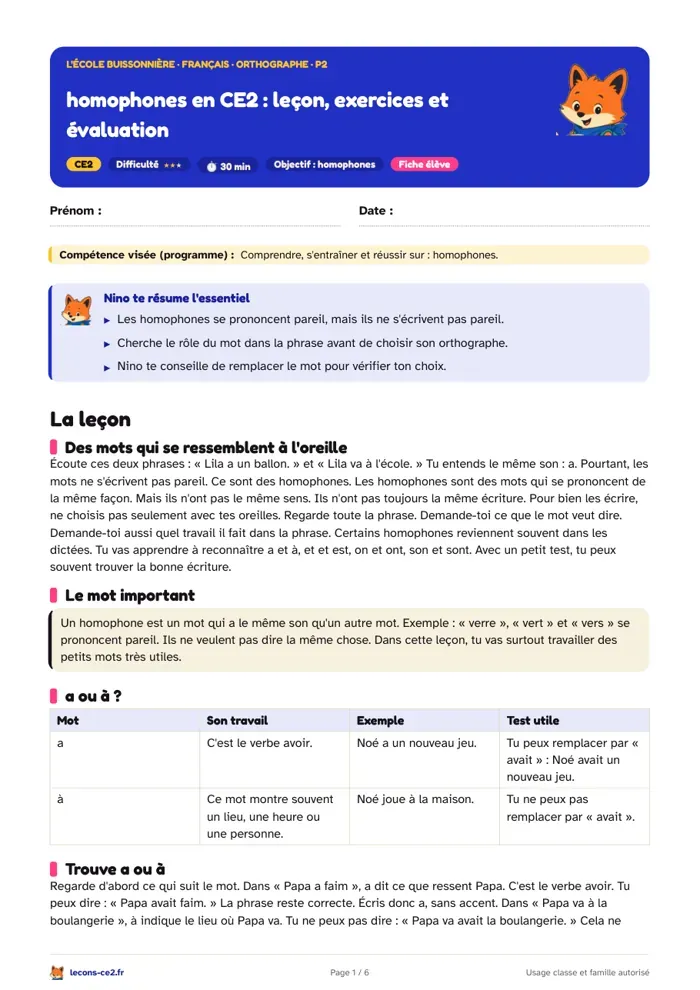 Aperçu de la fiche « Homophones en CE2 : leçon, exercices et évaluation » en PDF