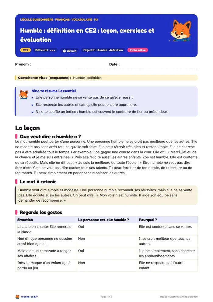 Aperçu de la fiche « Humble, définition en CE2 : leçon, exercices et évaluation » en PDF