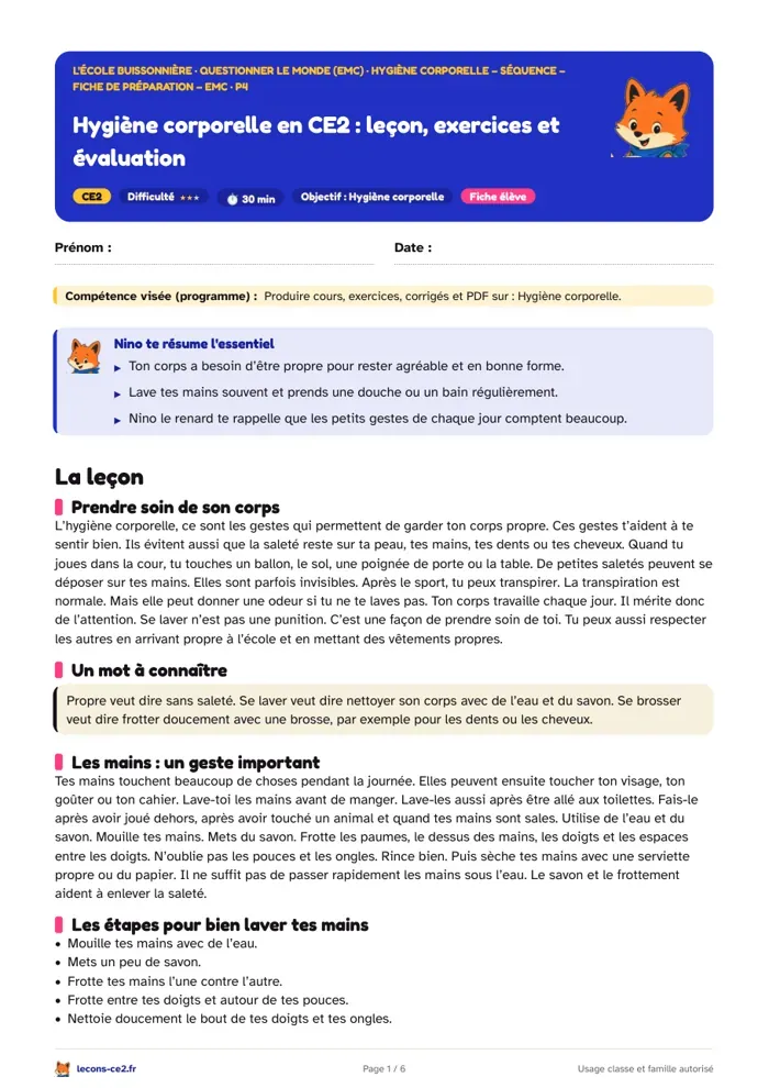 Aperçu de la fiche « Hygiène corporelle en CE2 : leçon, exercices et évaluation » en PDF